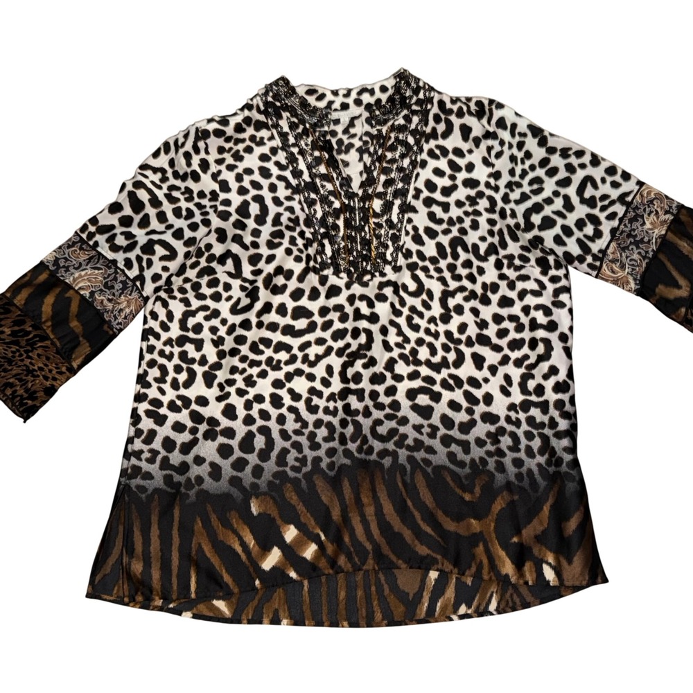 John Mark Women's Large Mixed Animal Print Tunic Top Beaded 3/4 Sleeve Boho